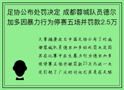 足协公布处罚决定 成都蓉城队员德尔加多因暴力行为停赛五场并罚款2.5万